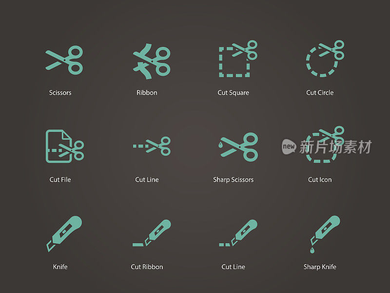 Scissors with cut lines icons.